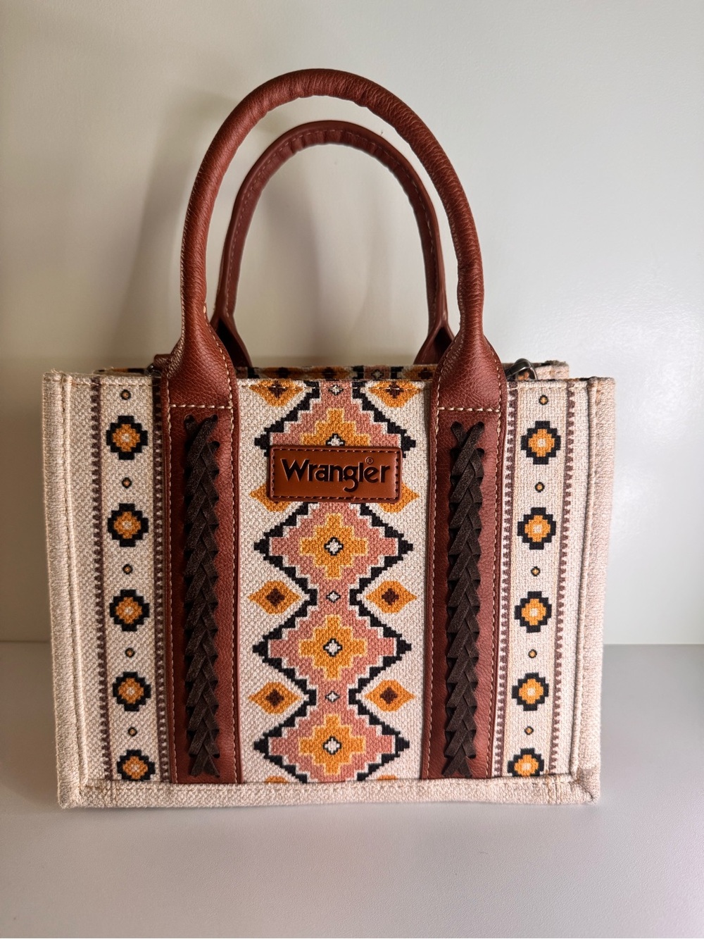 Wrangler Tan & Brown Southwestern Tote with long strap